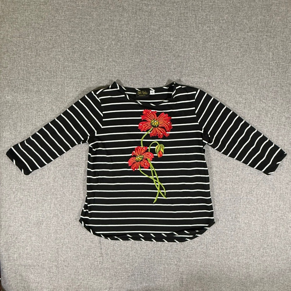 Bob Mackie Top Womens Small 3/4 Sleeve Black White Stripe Red Floral Embroidery